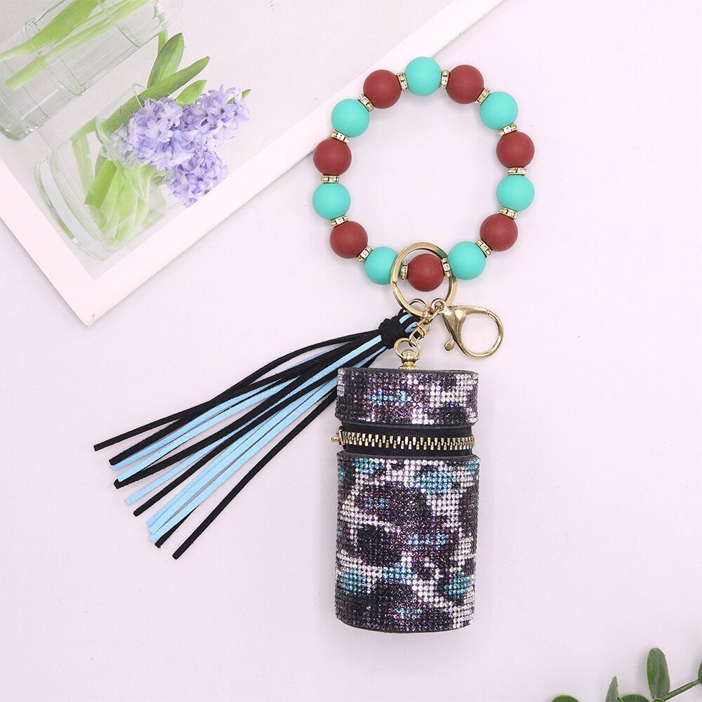 Wholesale Leopard Cow Pattern Leather with Diamond Mouth Red Envelope Silicone Beaded Wrist Keychain